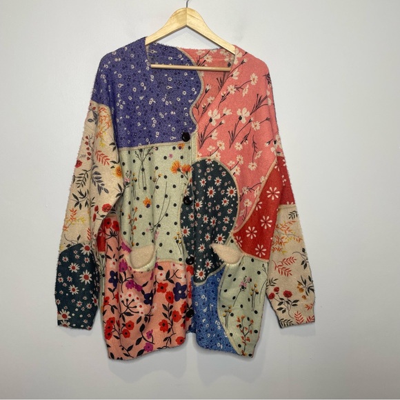 Cozy Patchwork Long Cardigan Retro Boho Festival 70's Hippie - no size tag - Picture 2 of 6